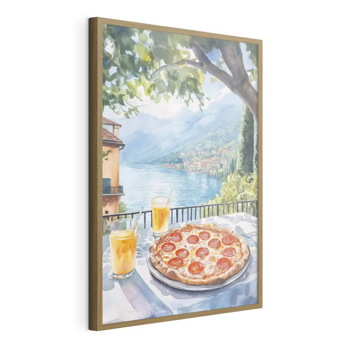 Plakat Brunch we Włoszech, styl akwareli, pizza margarita, jezioro, letnia przyroda f42436