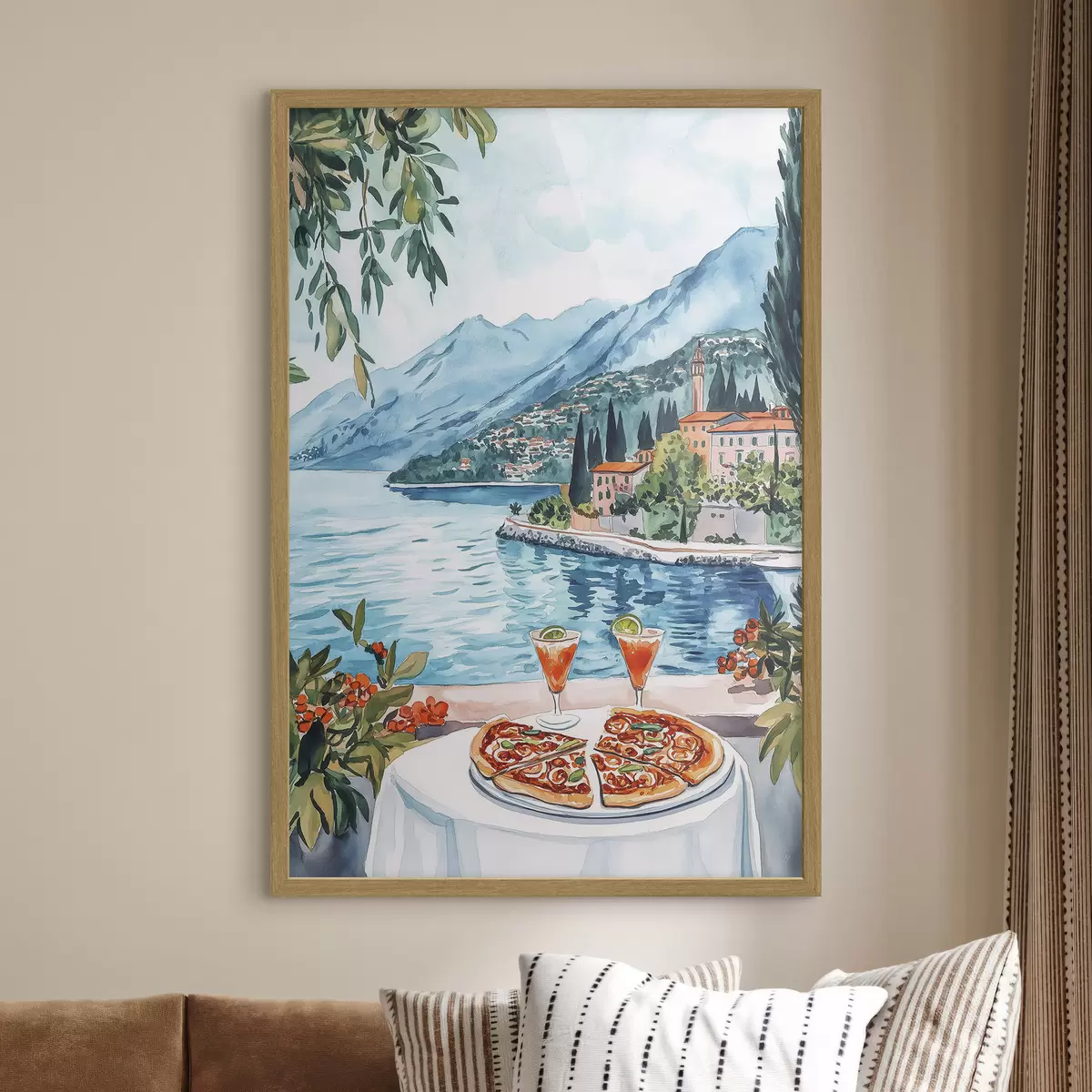 Plakat Jezioro Como, Włochy, styl akwareli, pizza, koktajle, stare miasto, góry f42437