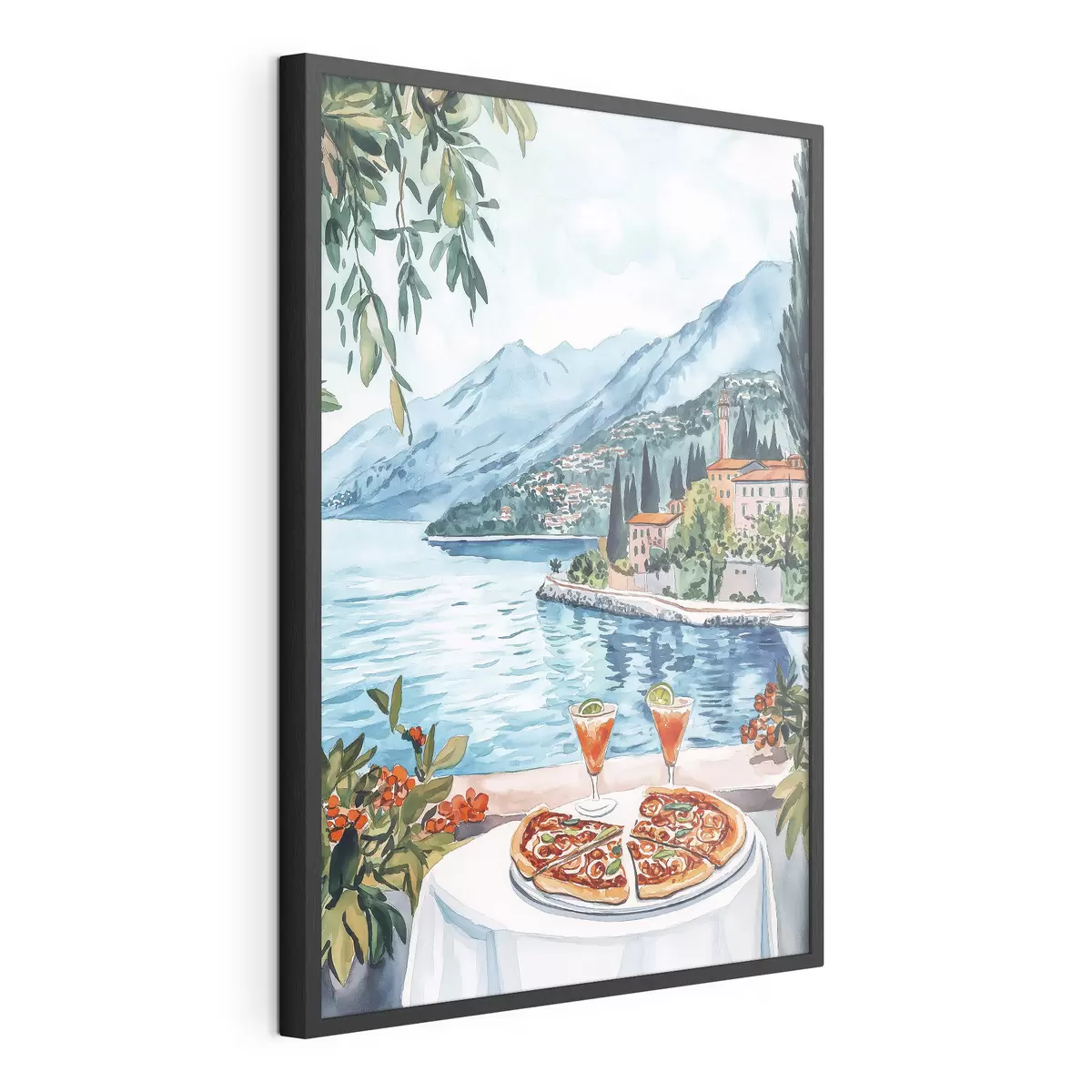 Plakat Jezioro Como, Włochy, styl akwareli, pizza, koktajle, stare miasto, góry f42437