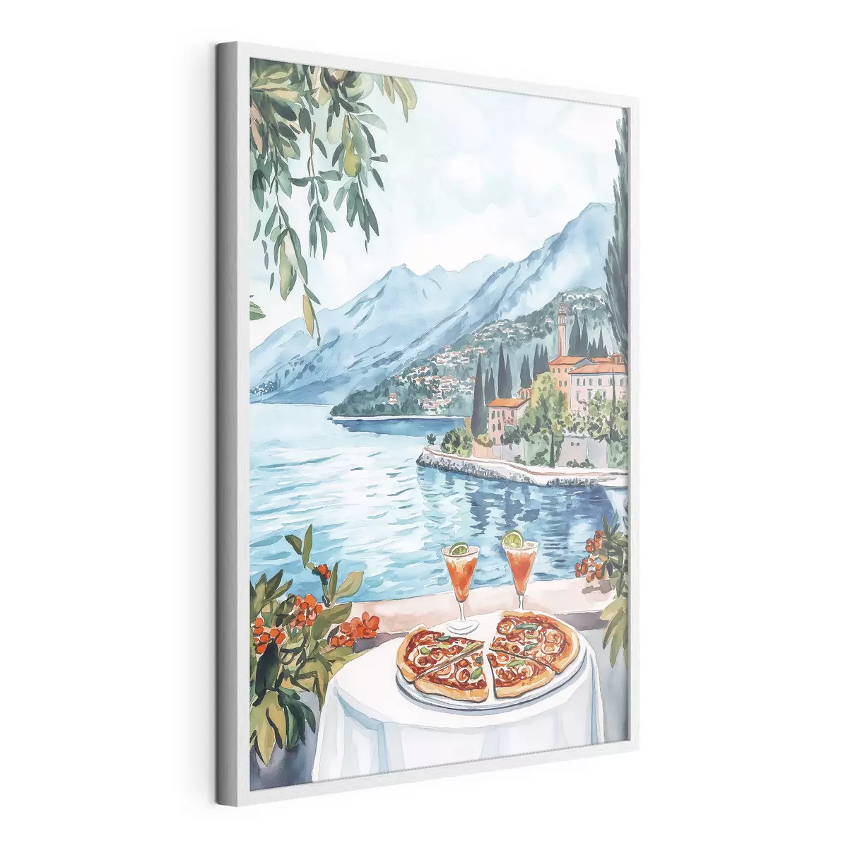 Plakat Jezioro Como, Włochy, styl akwareli, pizza, koktajle, stare miasto, góry f42437