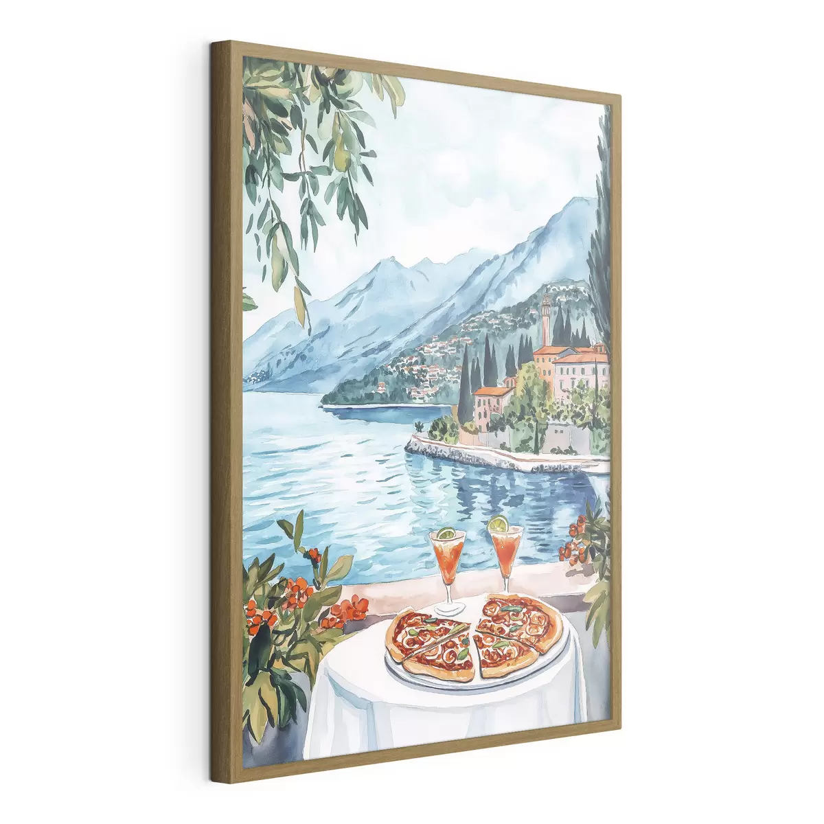 Plakat Jezioro Como, Włochy, styl akwareli, pizza, koktajle, stare miasto, góry f42437