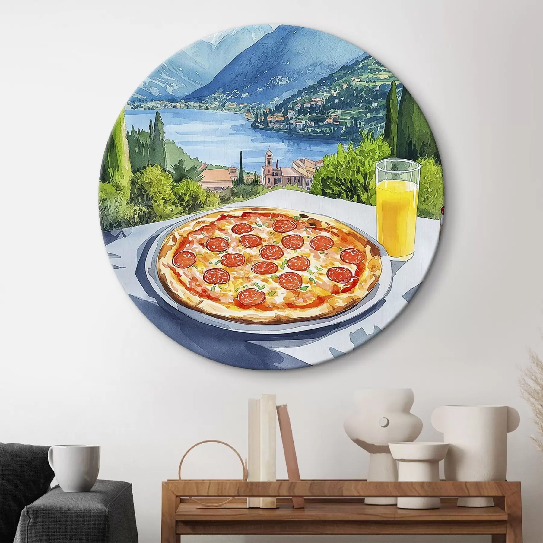 Obraz Styl akwareli, Włochy, pizza, stare miasto, krajobraz górski r42435