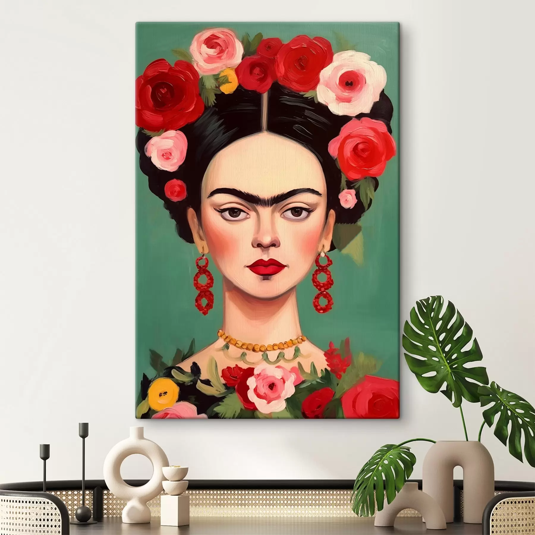 Fototapeta Portret Fridy z wieńcem kwiatowym na zielonym tle s42485
