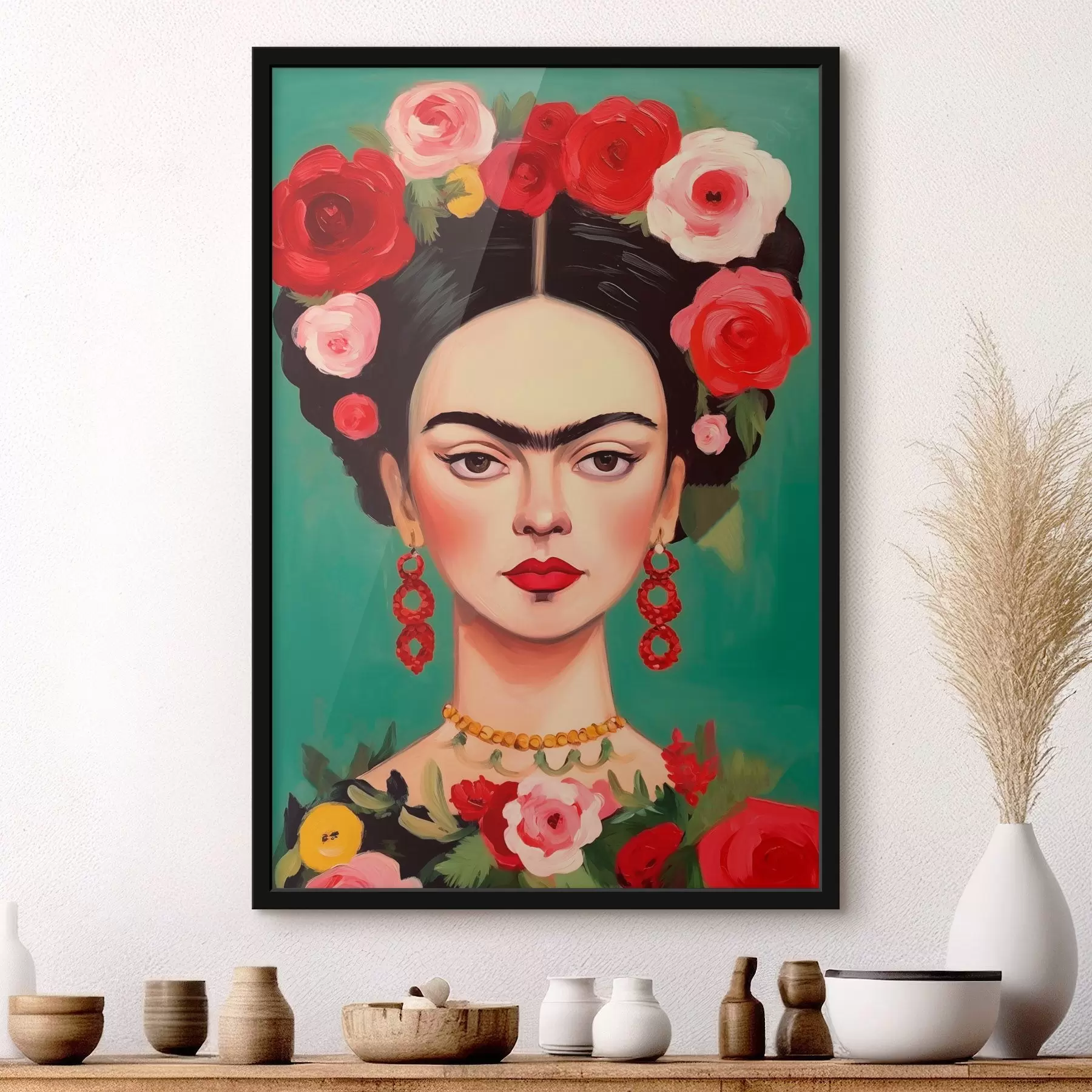 Fototapeta Portret Fridy z wieńcem kwiatowym na zielonym tle f42485