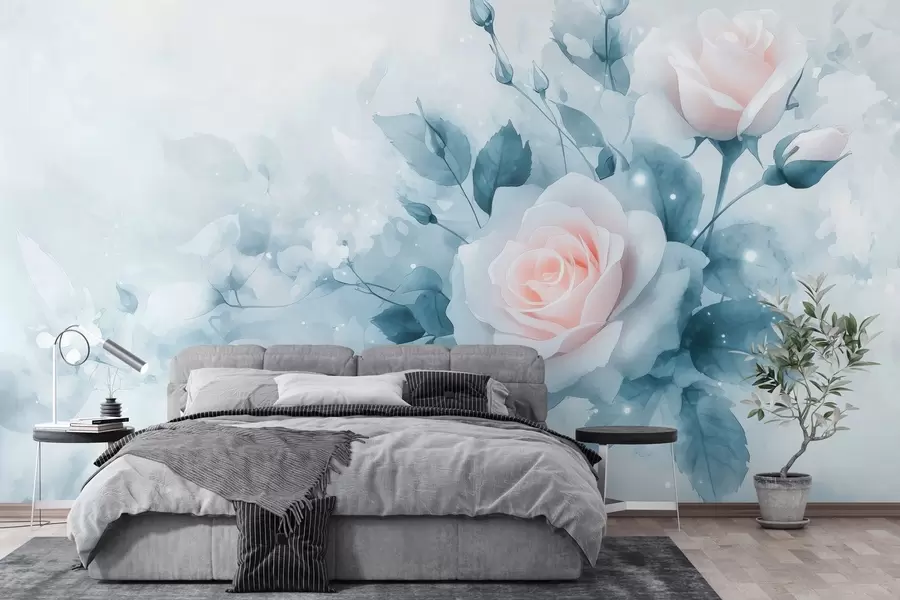 Fototapeta Delikatne brzoskwiniowe róże w odcieniach turkusu w stylu akwareli w02871