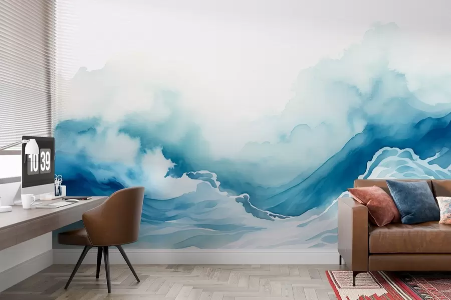 Fototapeta Fale oceanu w stylu akwareli w niebieskich odcieniach w08655