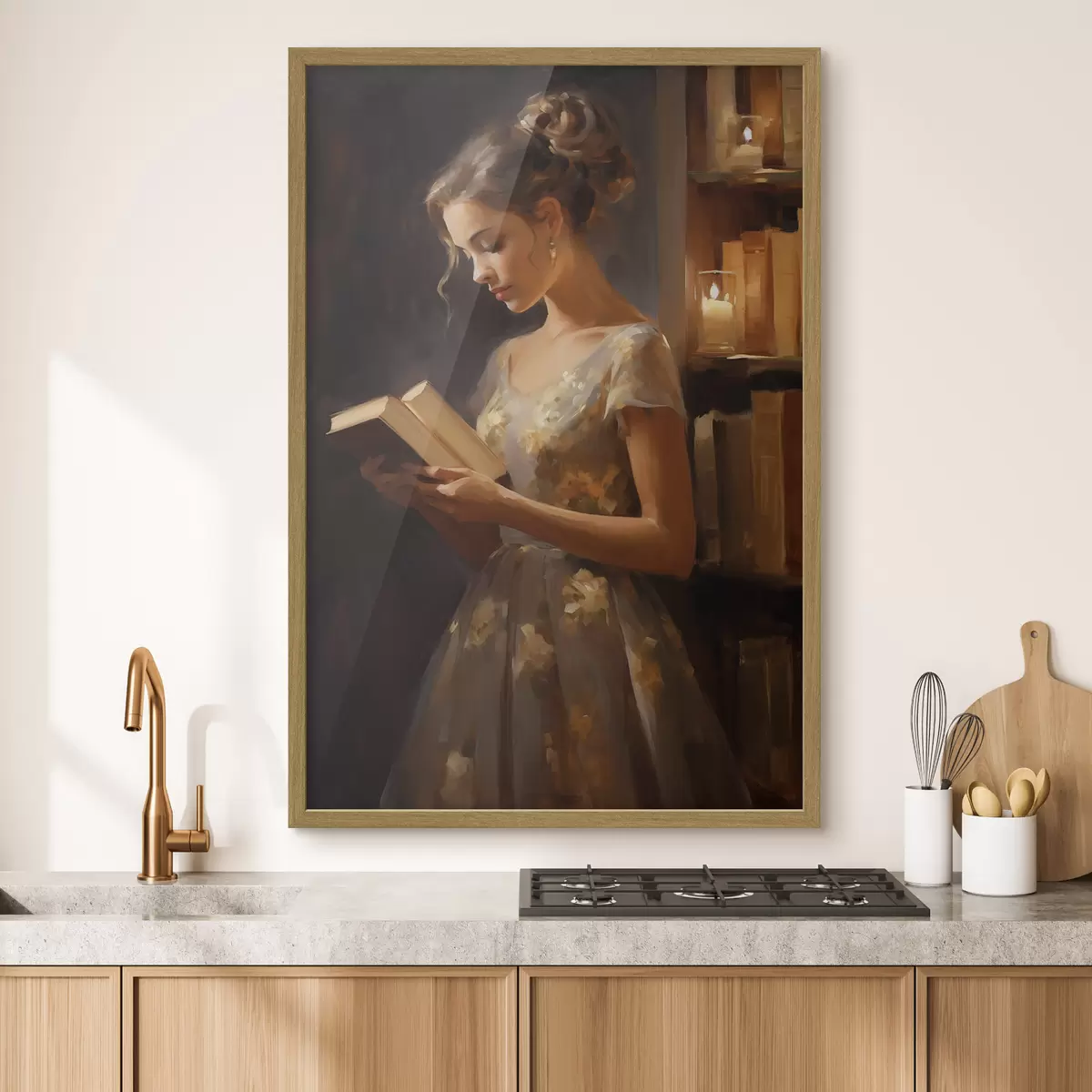 Plakat Młoda kobieta w eleganckiej sukience czyta książkę w nastrojowym oświetleniu, otoczona półkami z książkami i delikatnym blaskiem świec f42570