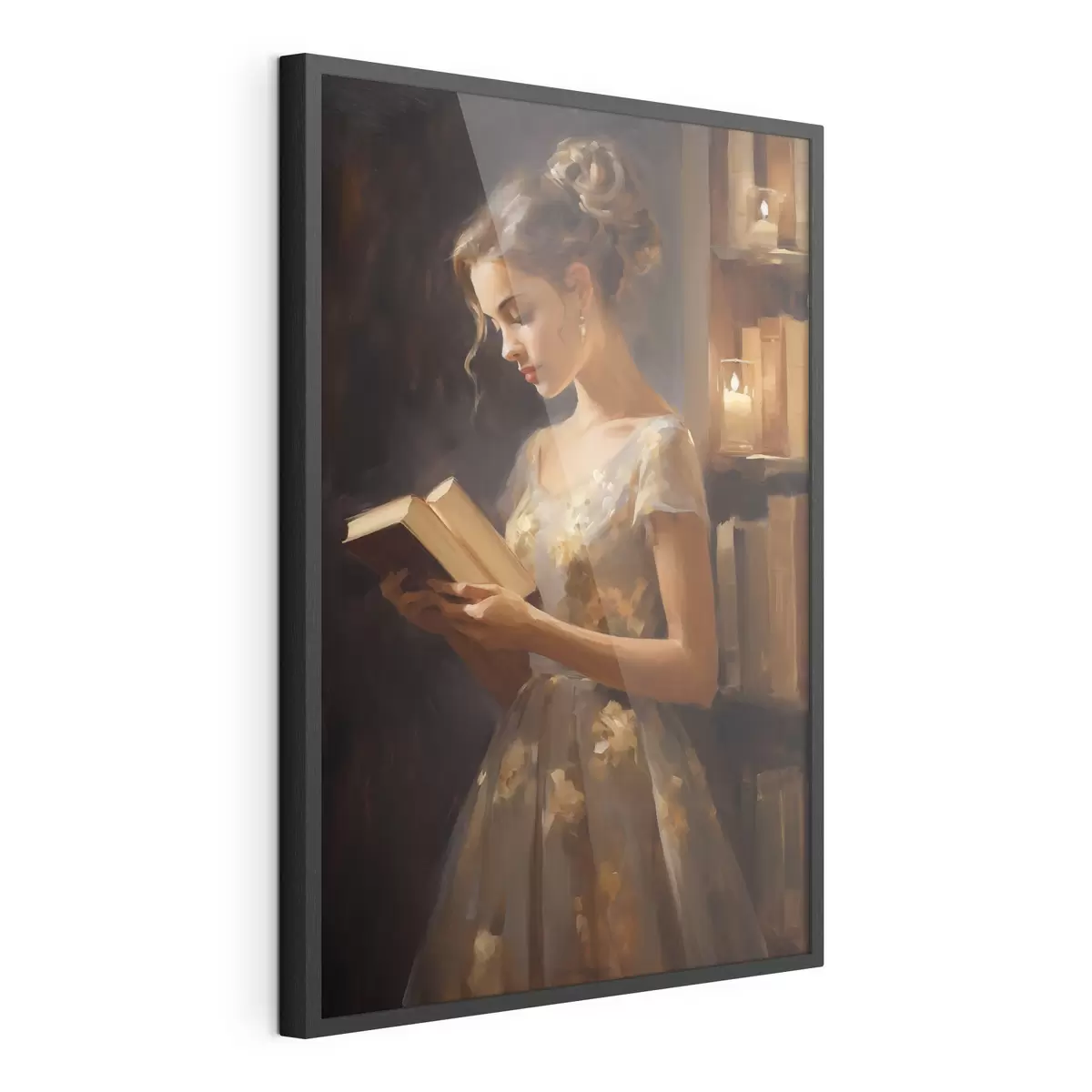 Plakat Młoda kobieta w eleganckiej sukience czyta książkę w nastrojowym oświetleniu, otoczona półkami z książkami i delikatnym blaskiem świec f42570