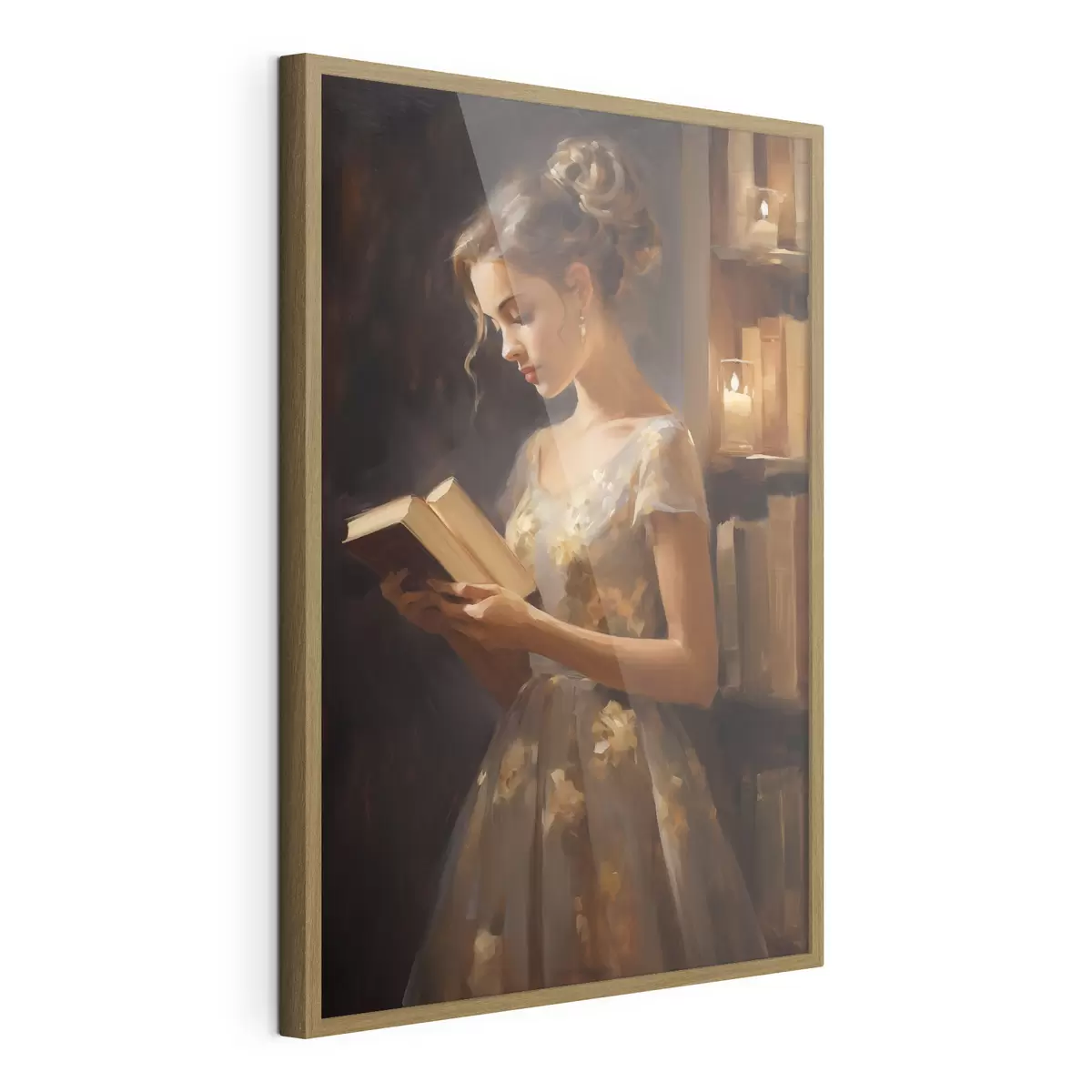 Plakat Młoda kobieta w eleganckiej sukience czyta książkę w nastrojowym oświetleniu, otoczona półkami z książkami i delikatnym blaskiem świec f42570
