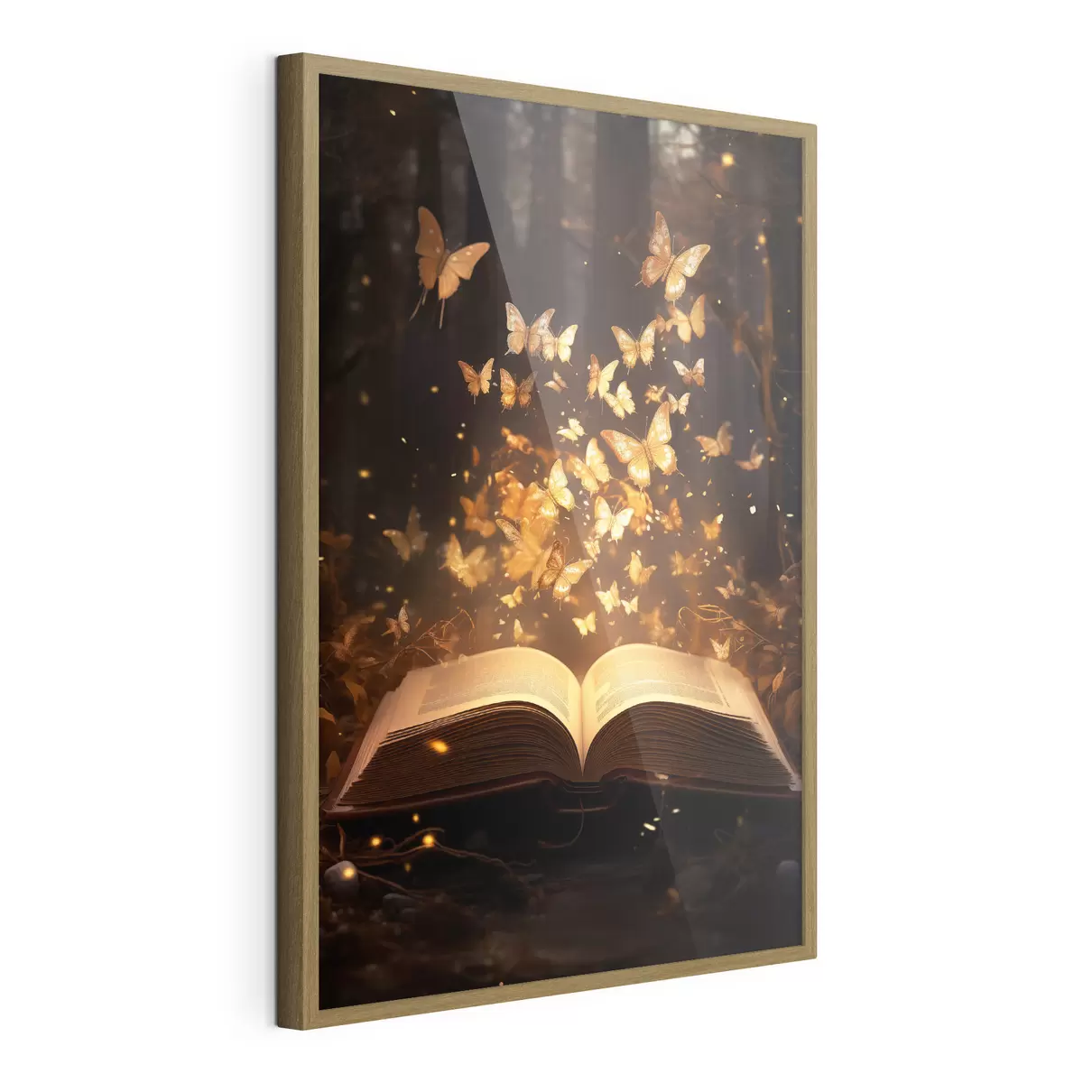 Plakat Otwarta księga, z której wyłaniają się świetliste motyle, lśniące w promieniach światła w ciemnym, magicznym lesie f42573