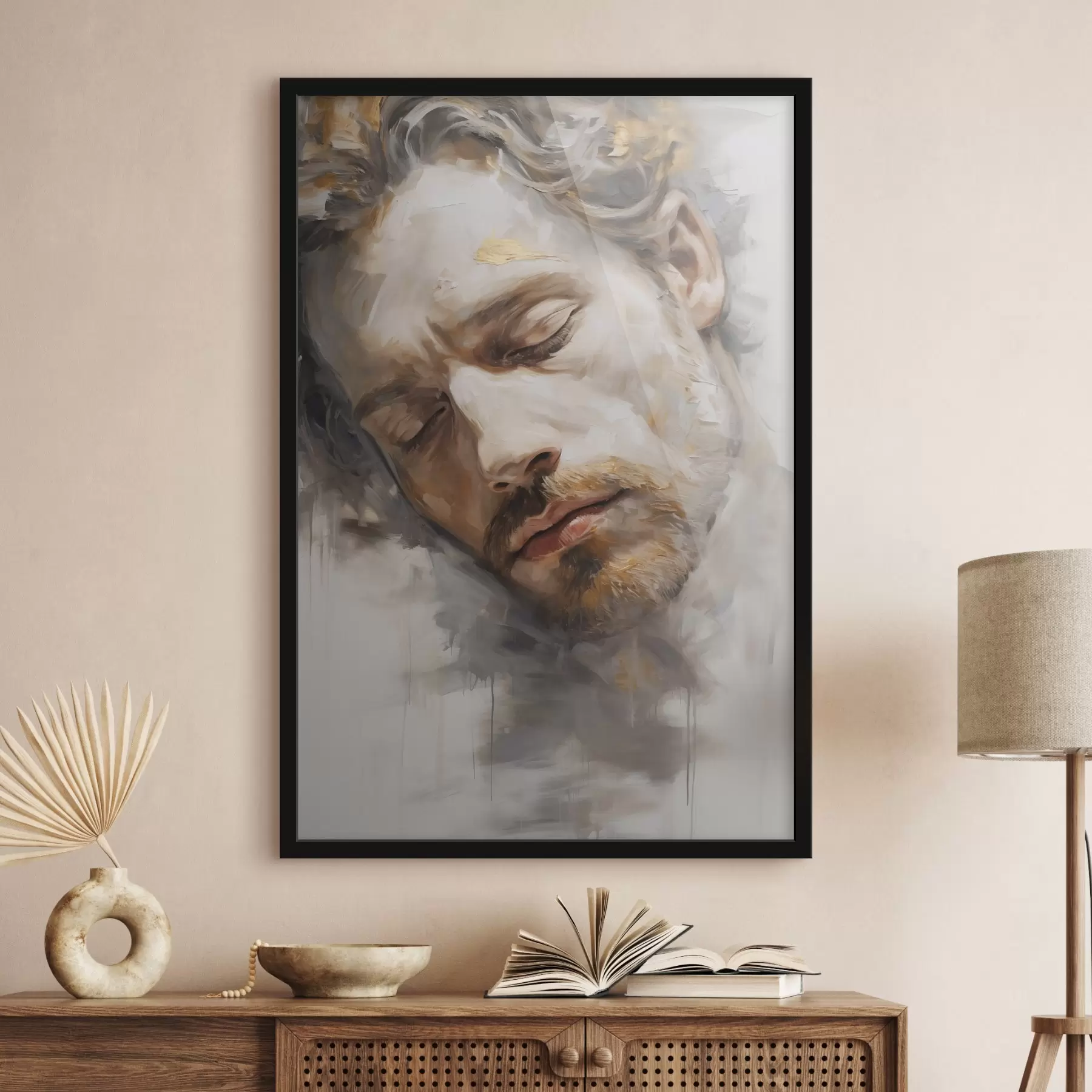Fototapeta Abstrakcyjny portret mężczyzny z zamkniętymi oczami, oddany w miękkich, ciepłych odcieniach z gładkimi pociągnięciami pędzla, które wywołują poczucie spokoju. f42621