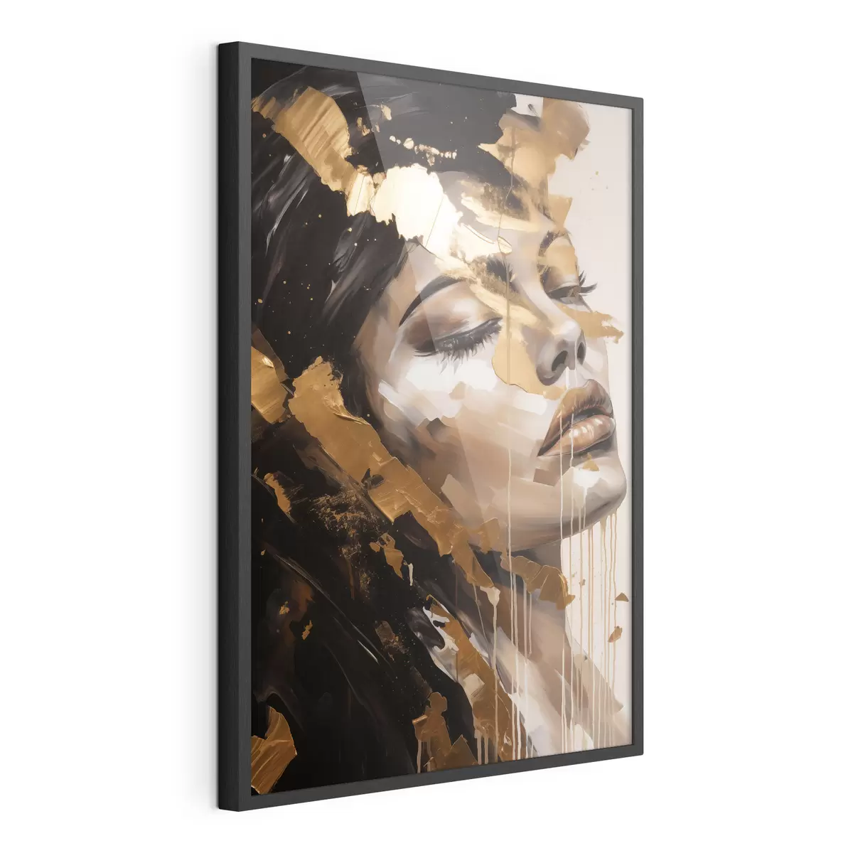Plakat Abstrakcyjny portret kobiety o łagodnym wyrazie twarzy, utrzymany w ciepłej tonacji z dynamicznymi pociągnięciami pędzla, które dodają głębi i emocji f42627