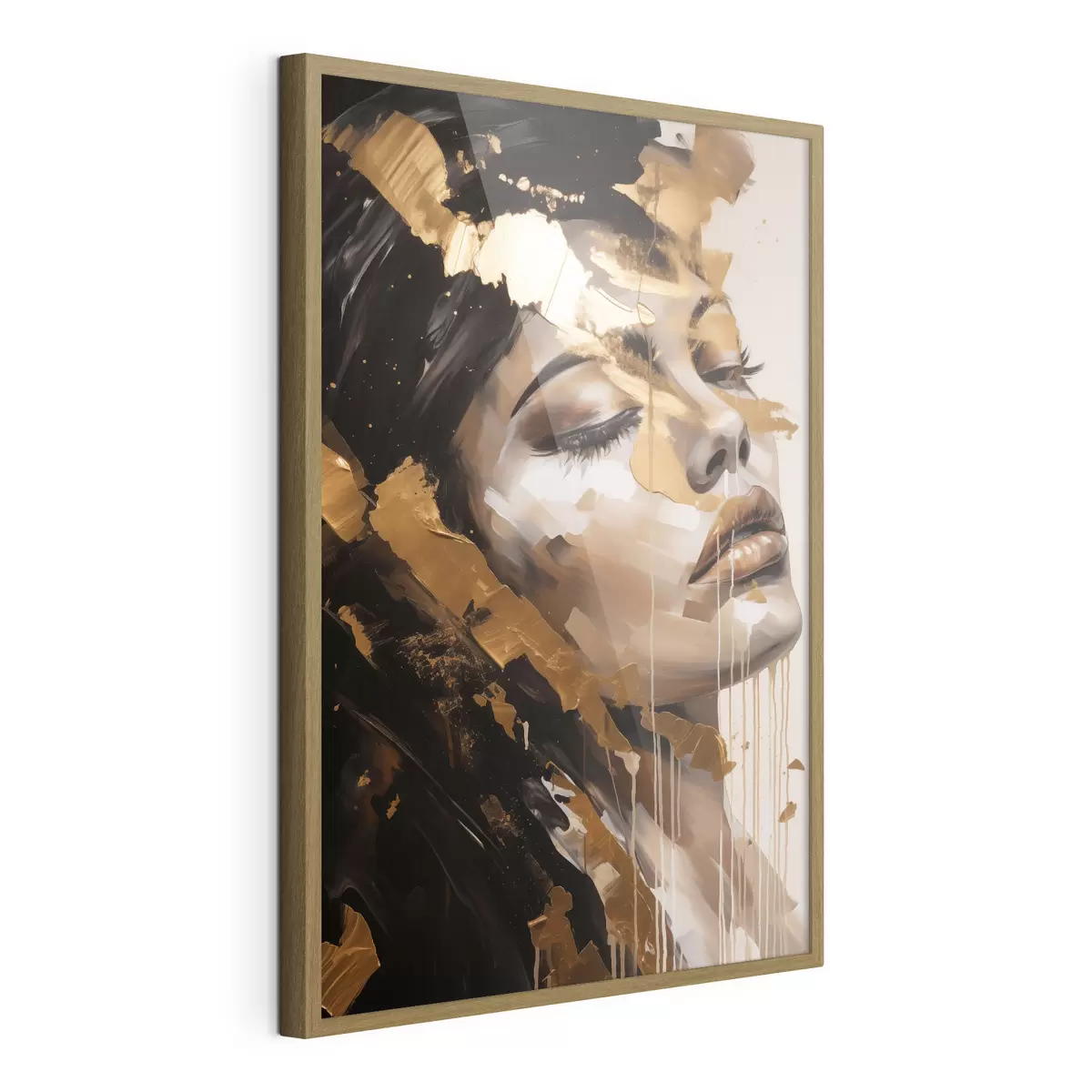 Plakat Abstrakcyjny portret kobiety o łagodnym wyrazie twarzy, utrzymany w ciepłej tonacji z dynamicznymi pociągnięciami pędzla, które dodają głębi i emocji f42627