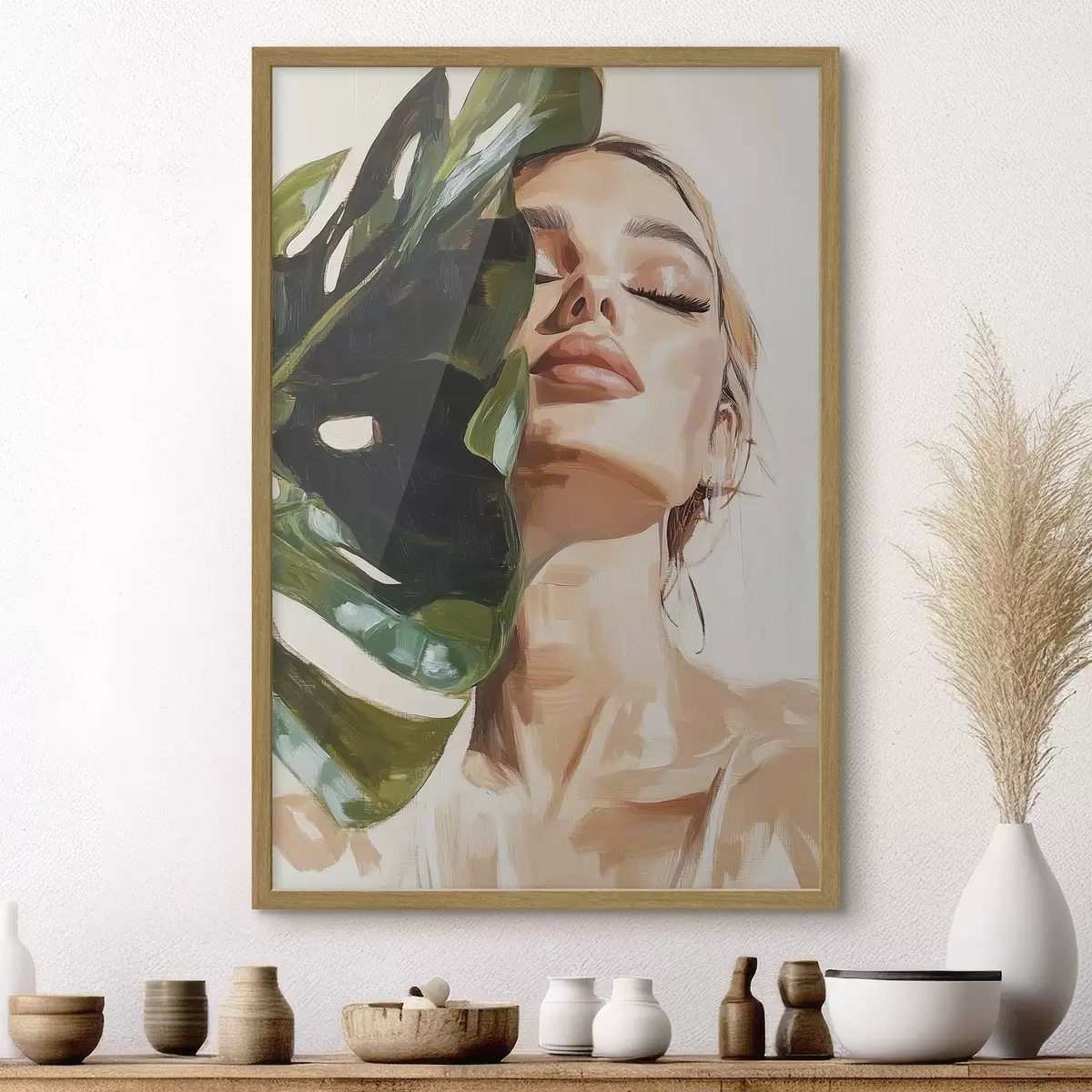 Plakat Portret kobiety z liściem monstery z imitacją pociągnięć pędzla f42597