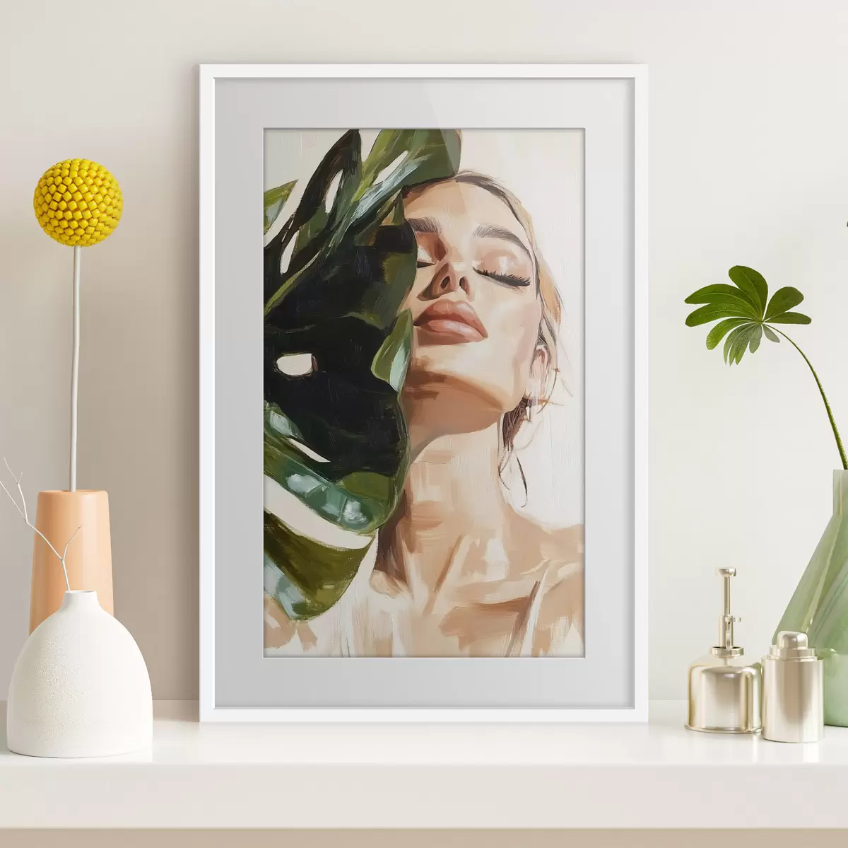Plakat Portret kobiety z liściem monstery z imitacją pociągnięć pędzla f42597
