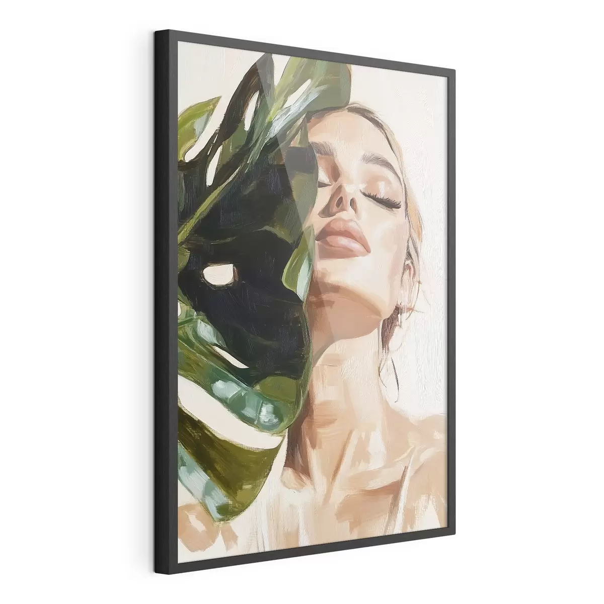 Plakat Portret kobiety z liściem monstery z imitacją pociągnięć pędzla f42597