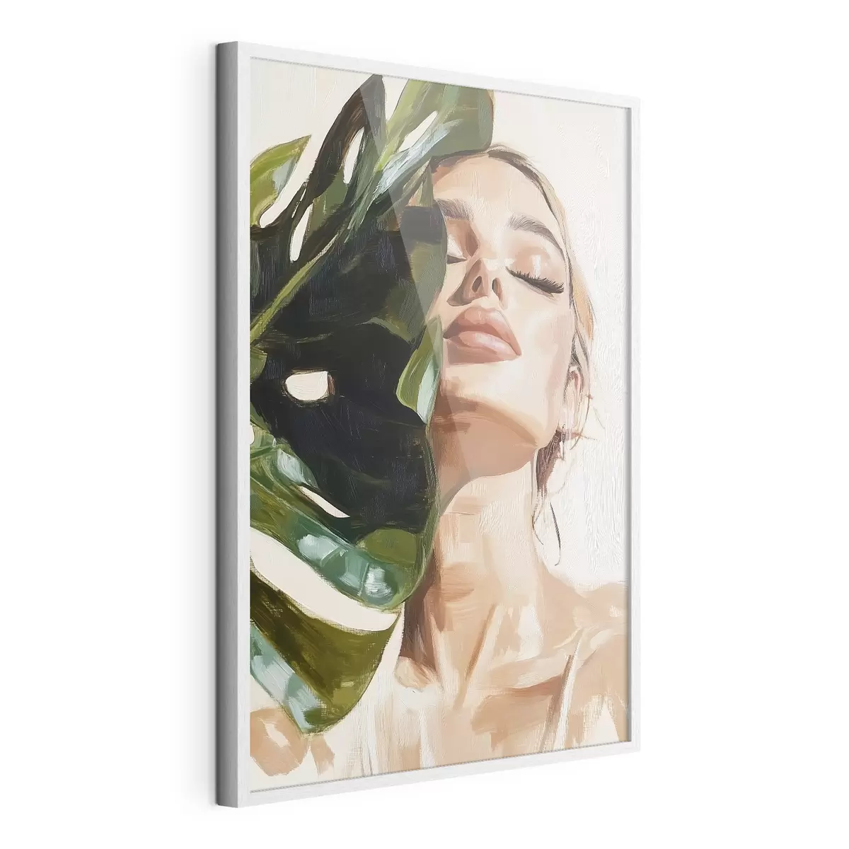 Plakat Portret kobiety z liściem monstery z imitacją pociągnięć pędzla f42597
