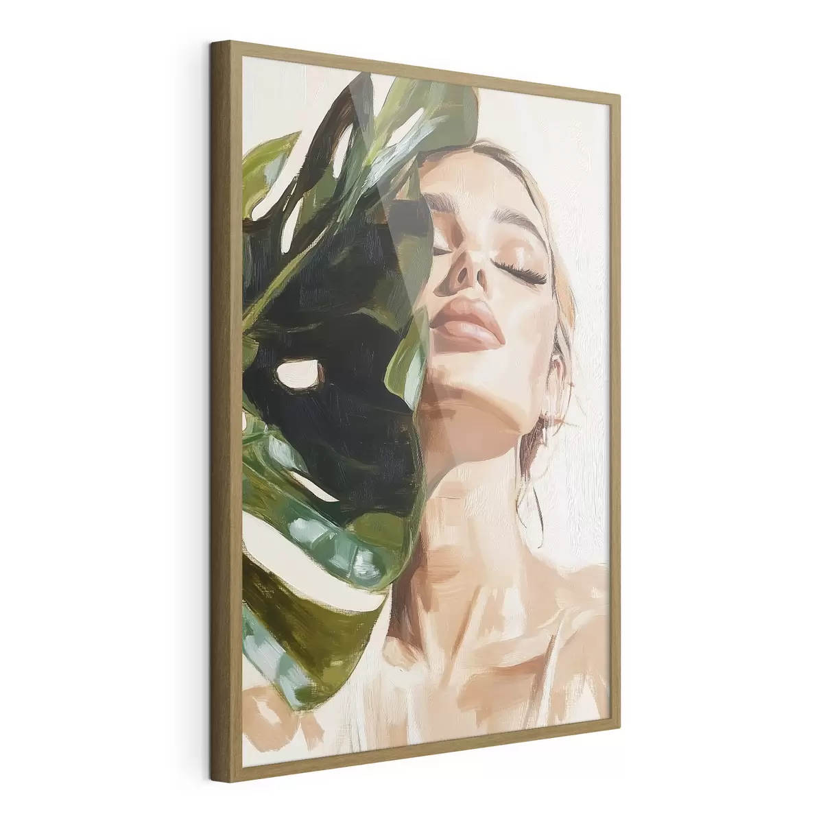 Plakat Portret kobiety z liściem monstery z imitacją pociągnięć pędzla f42597