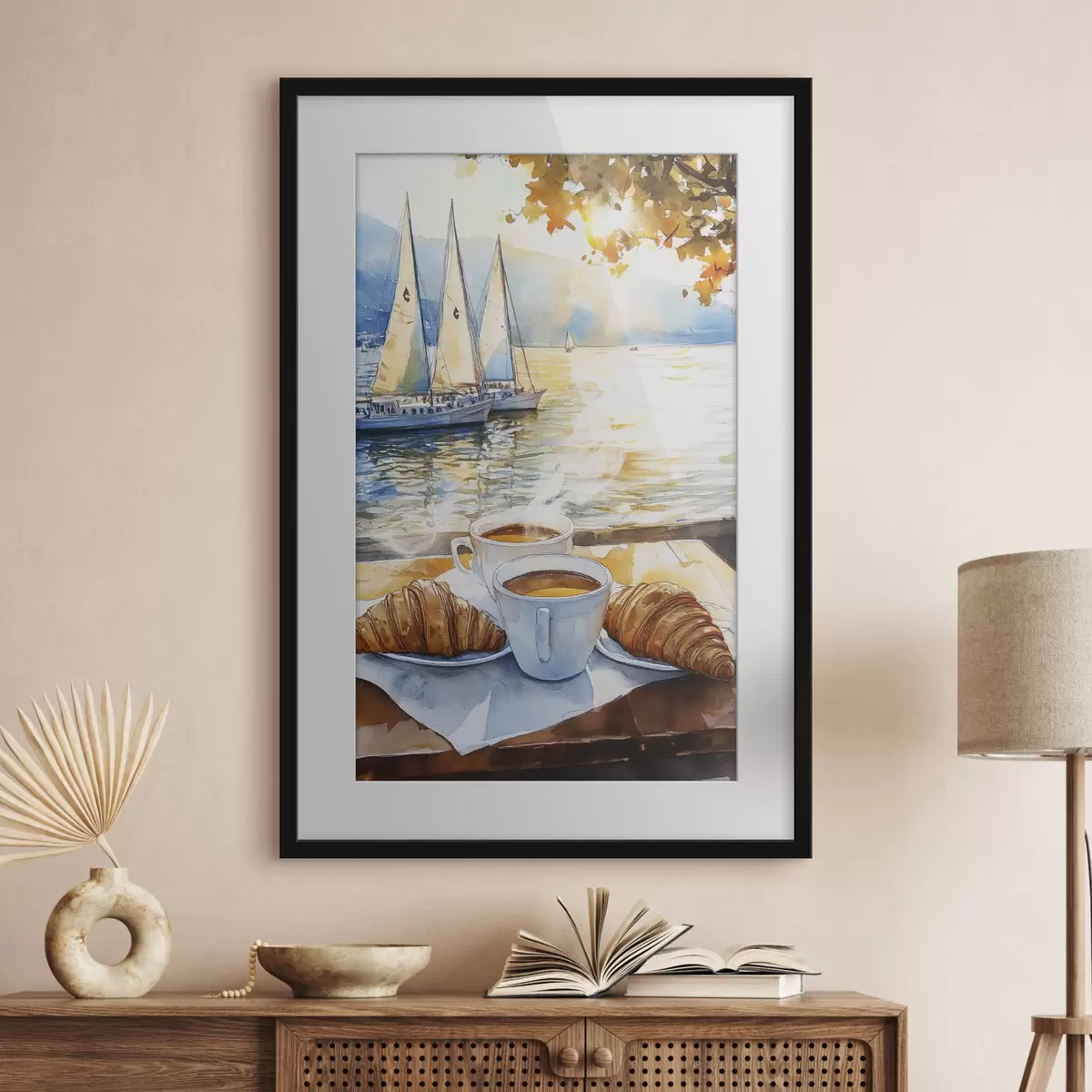 Plakat Filiżanki kawy, kolory zachodu słońca, jezioro, żaglówki, natura, podróże f42443