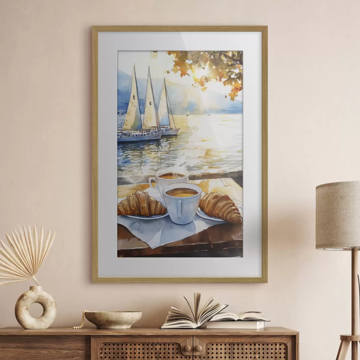 Plakat Filiżanki kawy, kolory zachodu słońca, jezioro, żaglówki, natura, podróże f42443