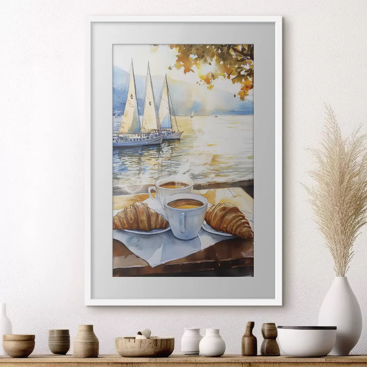 Plakat Filiżanki kawy, kolory zachodu słońca, jezioro, żaglówki, natura, podróże f42443