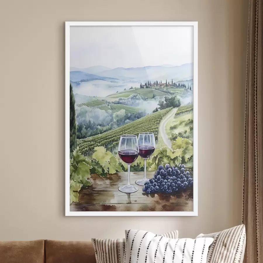 Fototapeta Pejzaż Toskanii, winnice, kieliszki do wina, styl akwareli f42445