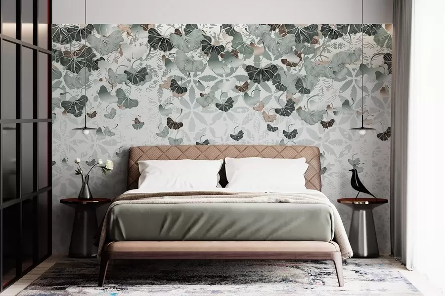 Fototapeta Kaskadowe liście miłorzębu w odcieniach zieleni i brązu na teksturowanym tle z motywami kwiatowymi  w08662