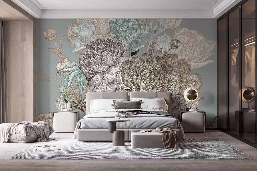 Fototapeta Szczegółowy kwiatowy wzór z dużymi piwoniami i liśćmi w odcieniach niebieskiego, beżu i brązu w08663