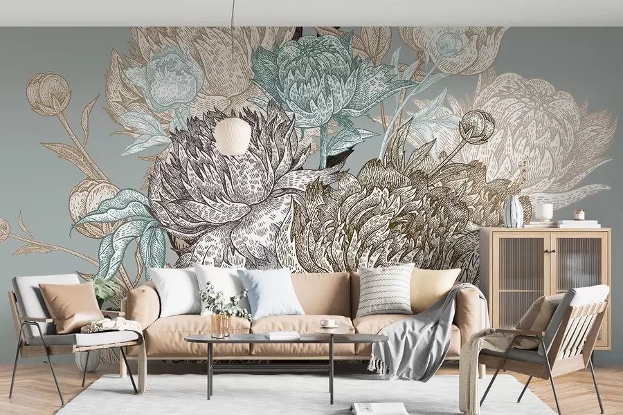 Fototapeta Szczegółowy kwiatowy wzór z dużymi piwoniami i liśćmi w odcieniach niebieskiego, beżu i brązu w08663