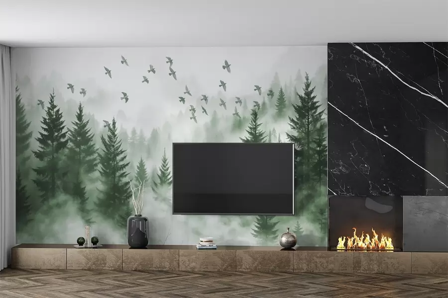 Fototapeta Spokojny, mglisty las z drzewami w odcieniach zieleni i stadem ptaków lecących po niebie  w08664v1