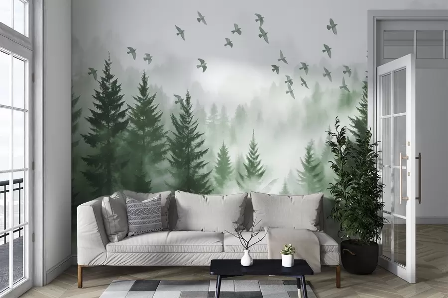 Fototapeta Spokojny, mglisty las z drzewami w odcieniach zieleni i stadem ptaków lecących po niebie  w08664v1