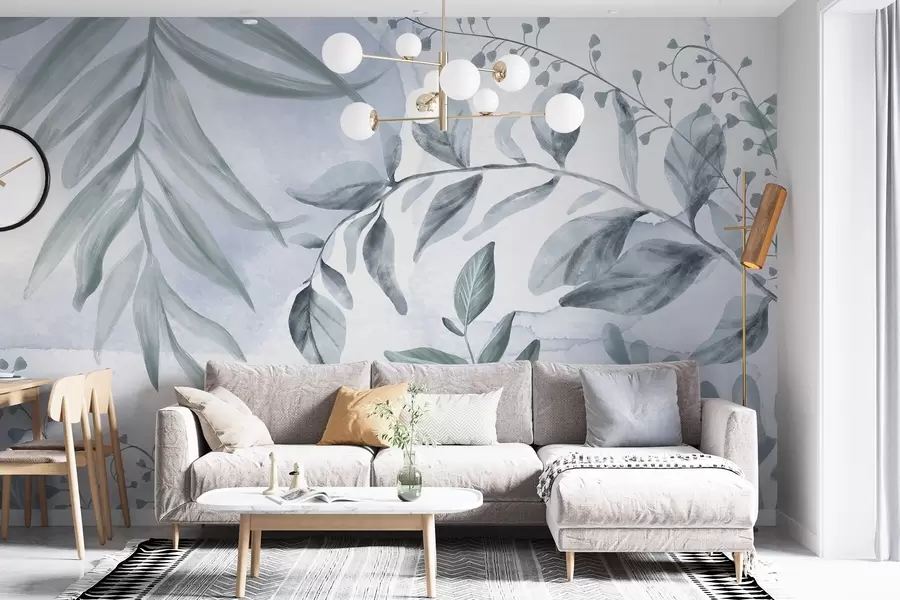 Fototapeta Botaniczny nadruk z liśćmi i kwiatowymi gałązkami w delikatnych pastelowych kolorach, na akwarelowym tle w08668v1