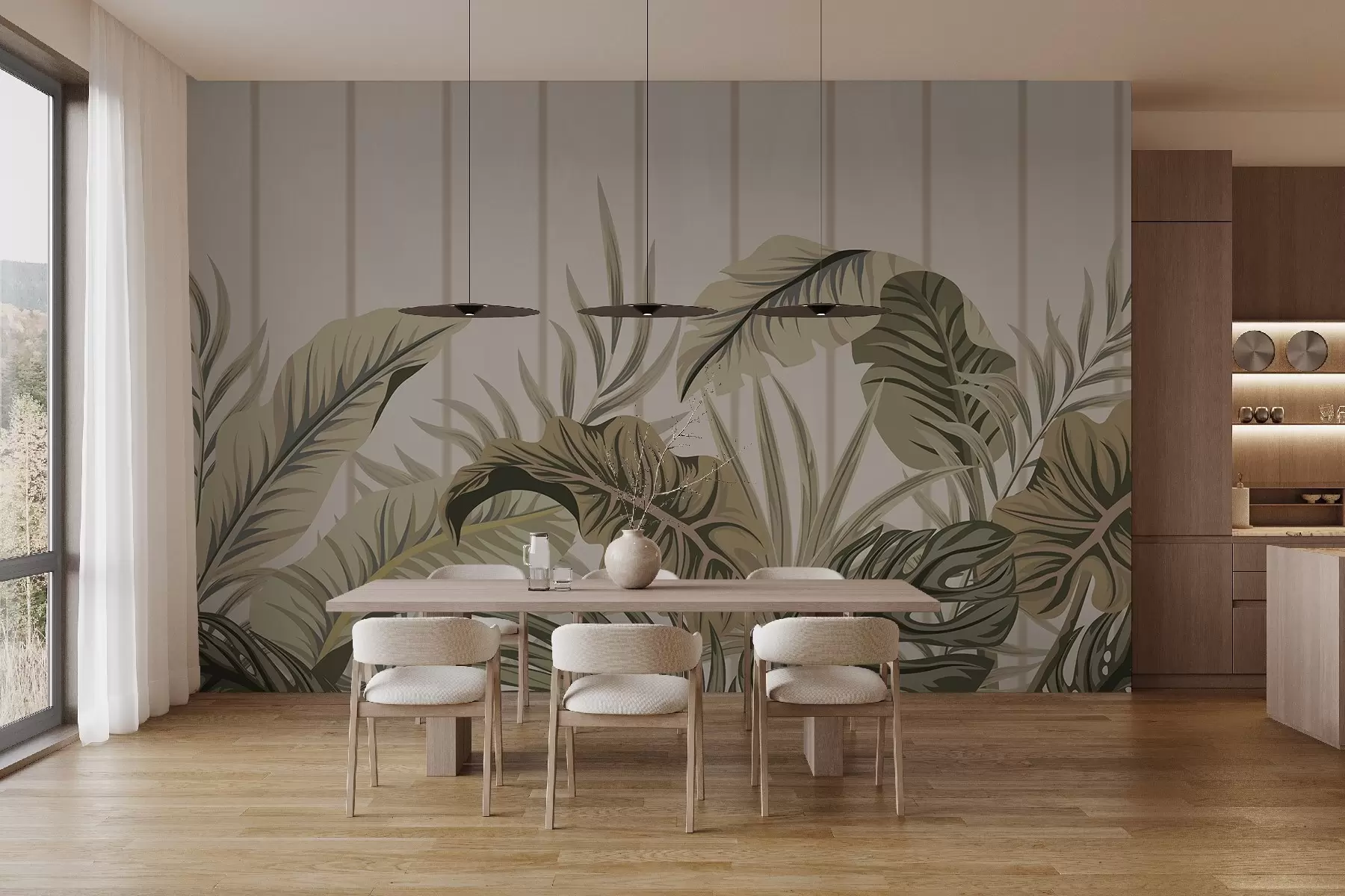 Fototapeta Tropikalny wzór liści w stonowanych odcieniach zieleni i beżu na jasnym tle z pionowymi liniami w08683