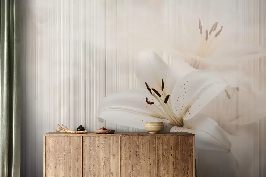 Fototapeta Delikatne beżowe lilie na tle pionowych pasków w08676