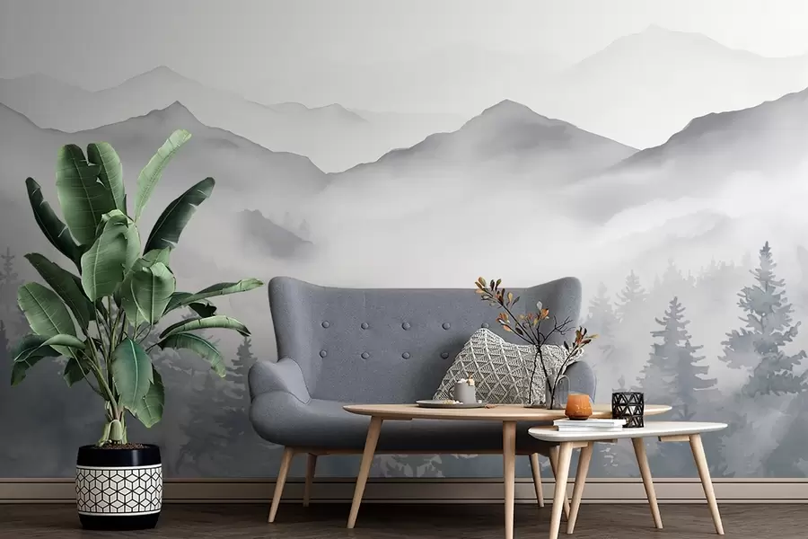 Fototapeta Spokojny górski krajobraz z zamglonymi lasami w delikatnych odcieniach szarości i błękitu w08680