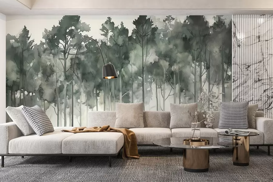 Fototapeta Las w stylu akwareli, sosny, krajobraz natury, zielone kolory w02937