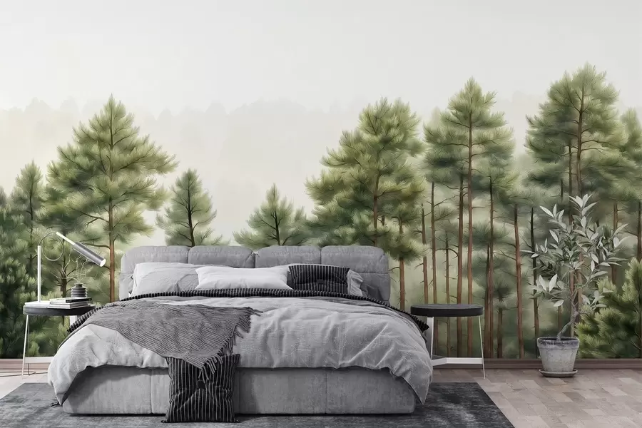 Fototapeta Las z sosnami, rysunek olejny, natura w02942