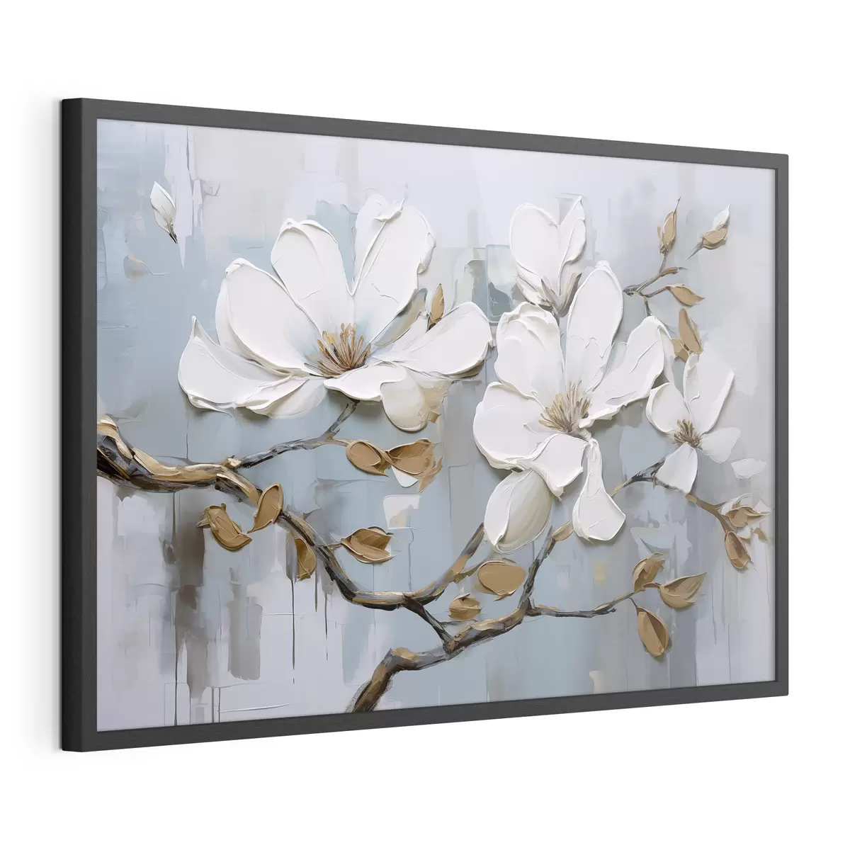 Plakat Białe kwiaty magnolii z teksturowanymi płatkami i brązowymi liśćmi na miękkim niebieskim tle imitacja obrazu olejnego f42711