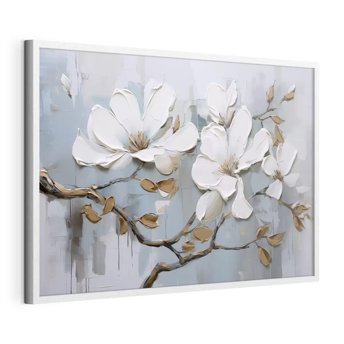 Plakat Białe kwiaty magnolii z teksturowanymi płatkami i brązowymi liśćmi na miękkim niebieskim tle imitacja obrazu olejnego f42711