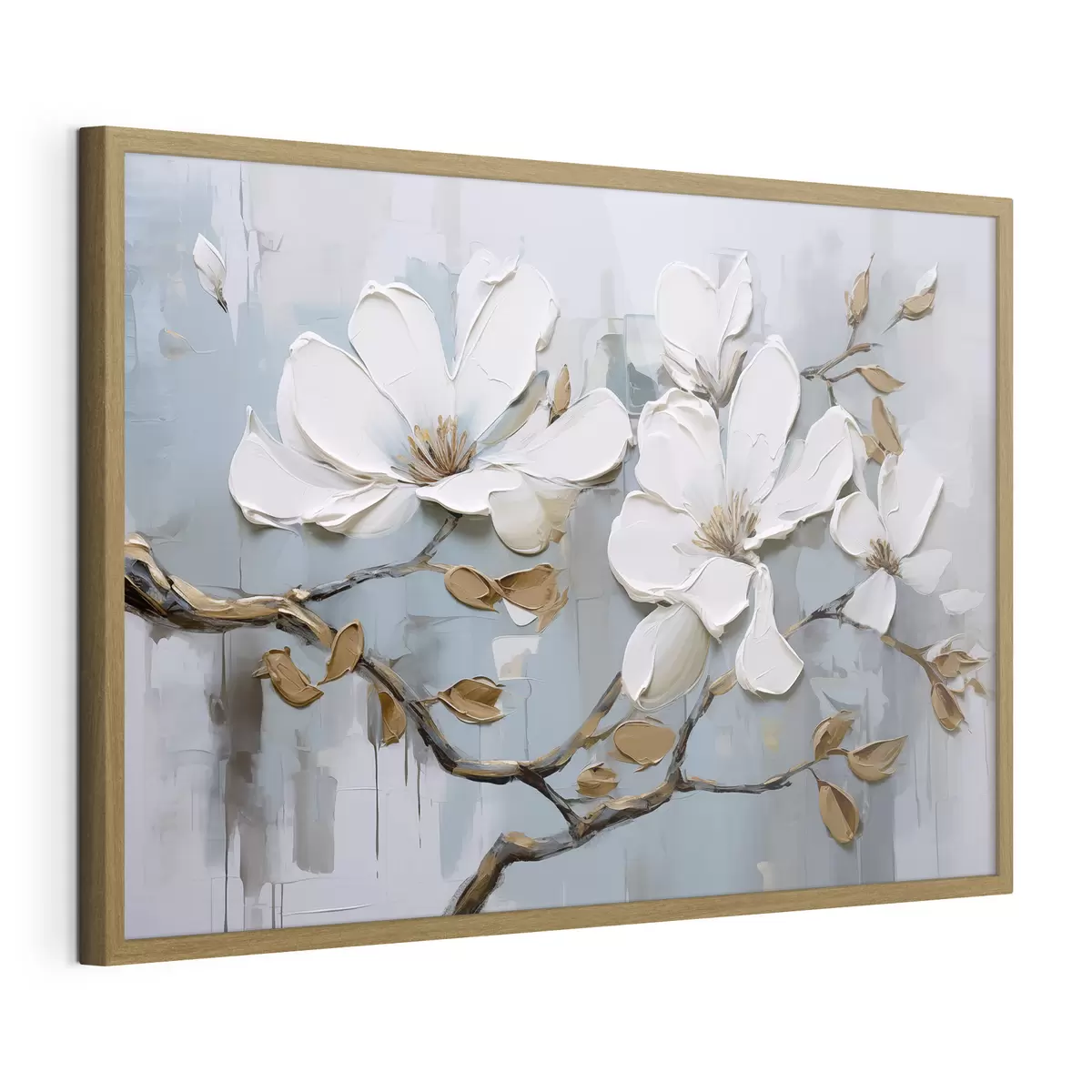 Plakat Białe kwiaty magnolii z teksturowanymi płatkami i brązowymi liśćmi na miękkim niebieskim tle imitacja obrazu olejnego f42711