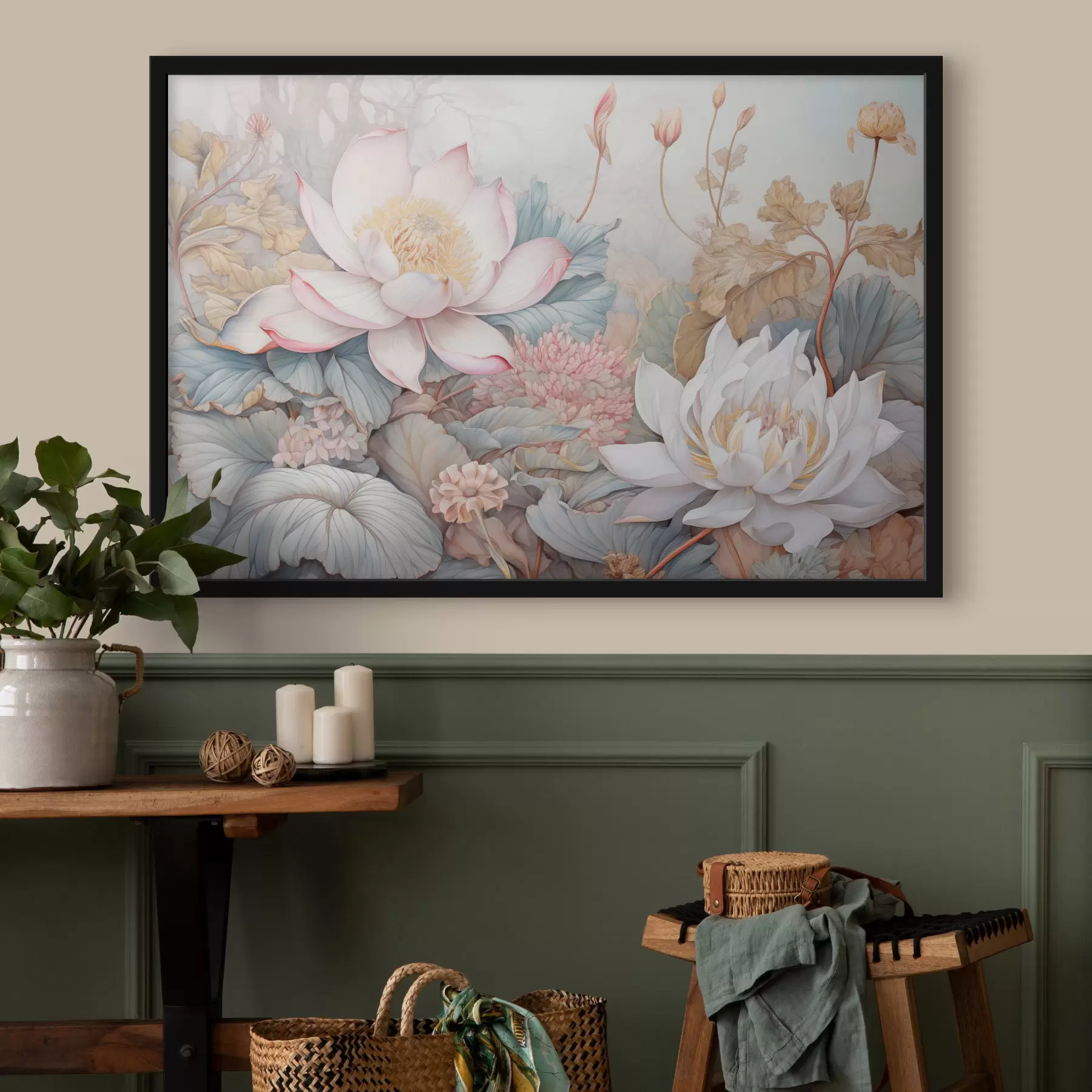 Fototapeta Duże, kwitnące kwiaty lotosu w delikatnych odcieniach różu i bieli, otoczone zielonymi liśćmi i delikatnymi różowymi listkami f42729