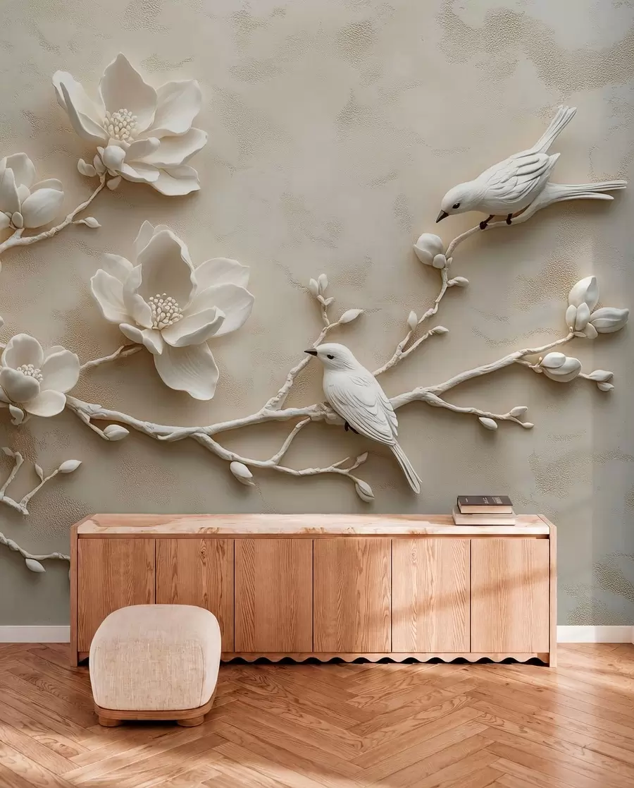 Fototapeta gałęzie magnolii 3D z ptakami w08690