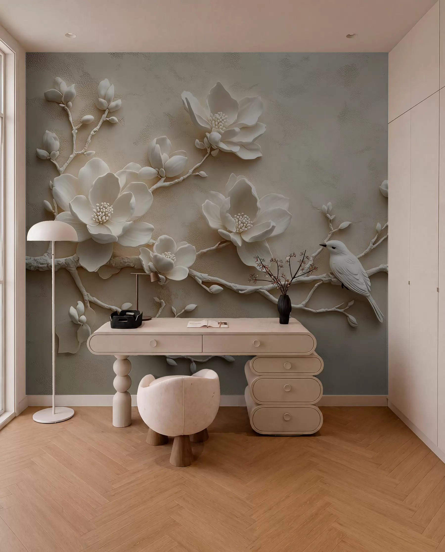 Fototapeta gałęzie magnolii 3D z ptakami w08690