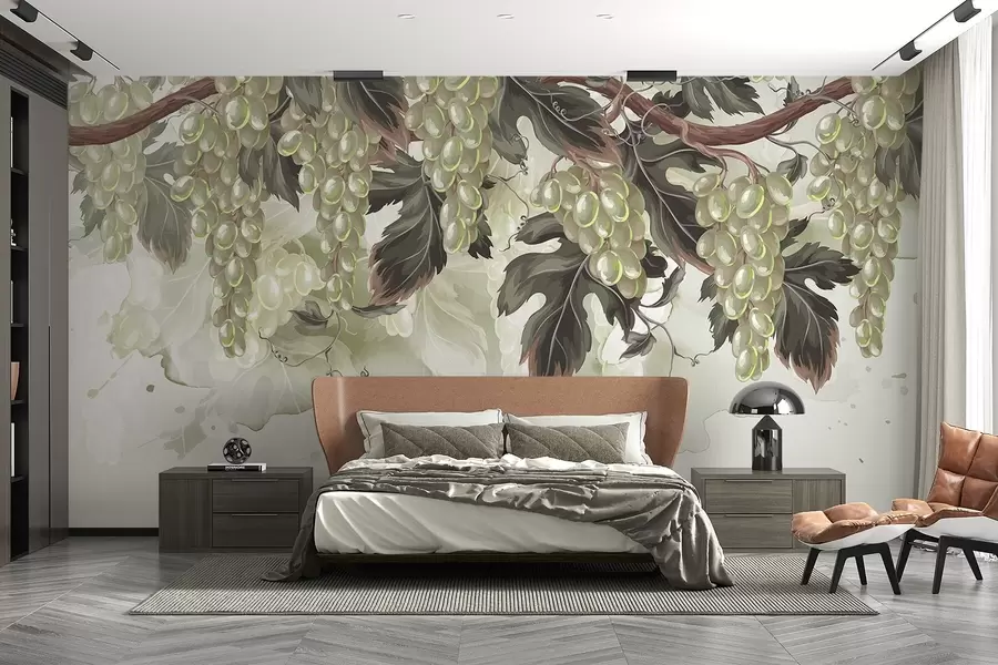 Fototapeta Winogrona wiszące na winorośli z zielonymi liśćmi, na jasnym tle z teksturą przypominającą akwarelę w08696