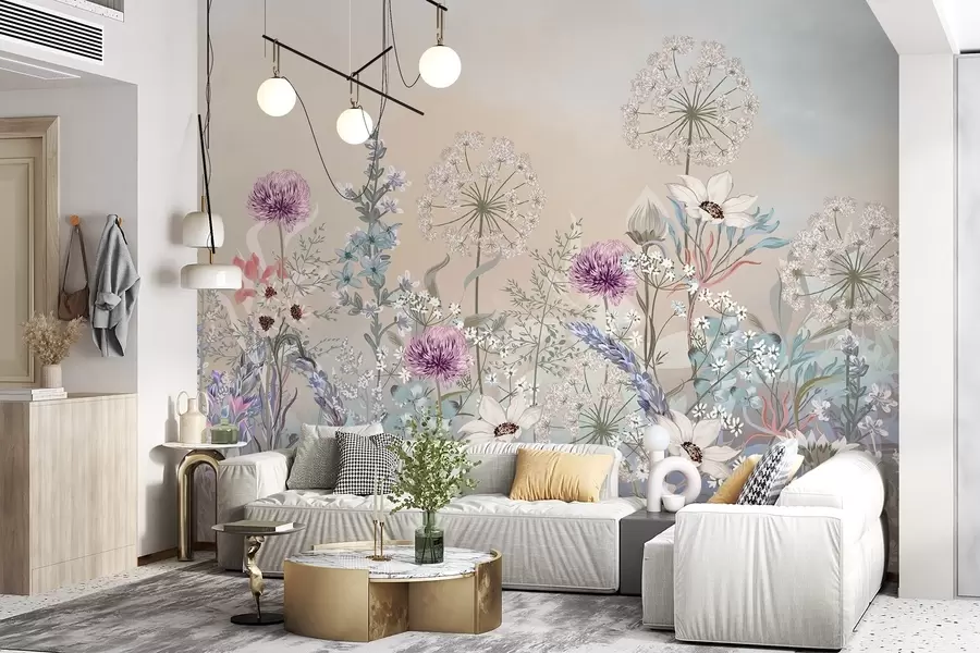 Fototapeta Tętniący życiem ogród kwiatowy z różnymi kwiatami i trawą na miękkim, pastelowym, gradientowym tle z teksturą w08699