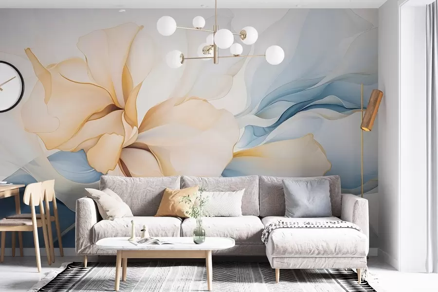 Fototapeta Płynne abstrakcyjne płatki kwiatów, półprzezroczyste i warstwowe kształty w pastelowych kolorach, w odcieniach brzoskwini i błękitu w08701