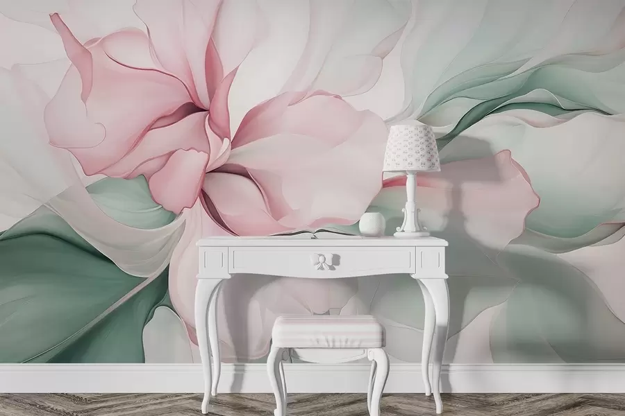 Fototapeta Płynne abstrakcyjne płatki kwiatów, półprzezroczyste i warstwowe kształty w pastelowych kolorach, w odcieniach różu i zieleni w08701v1