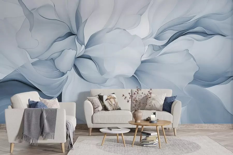 Fototapeta Płynne abstrakcyjne płatki kwiatów półprzezroczyste i warstwowe kształty w pastelowych kolorach, w odcieniach niebieskiego w08701v2