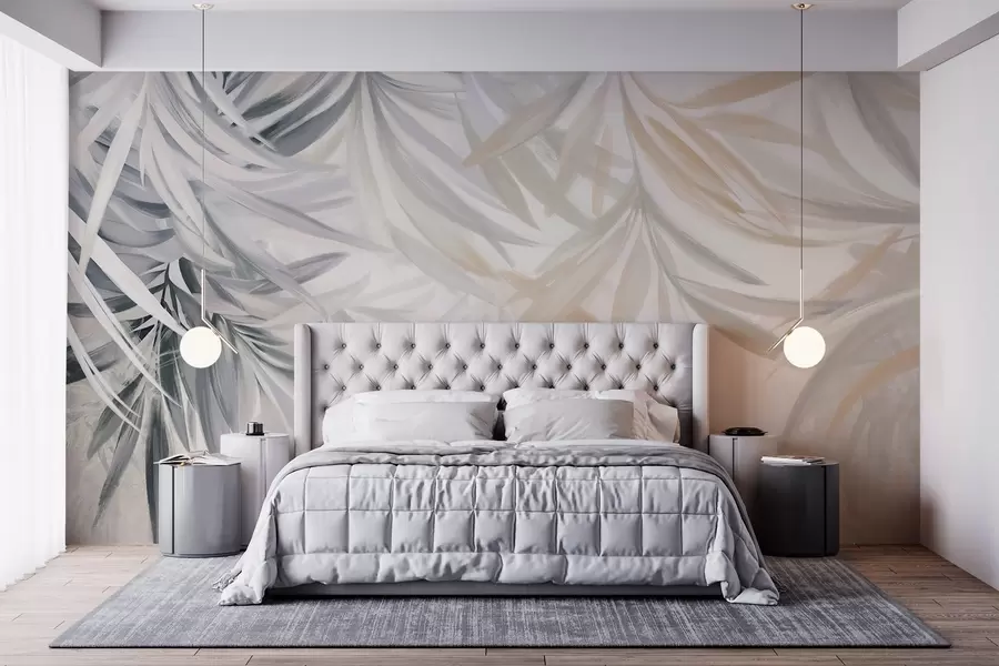 Fototapeta Miękkie, płynne, jasne liście tropikalne w odcieniach szarości i brzoskwini, wtapiające się w blady, neutralny nadruk w08703