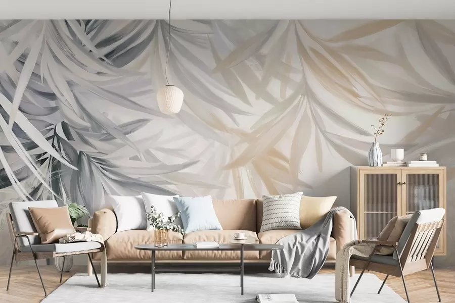 Fototapeta Miękkie, płynne, jasne liście tropikalne w odcieniach szarości i brzoskwini, wtapiające się w blady, neutralny nadruk w08703